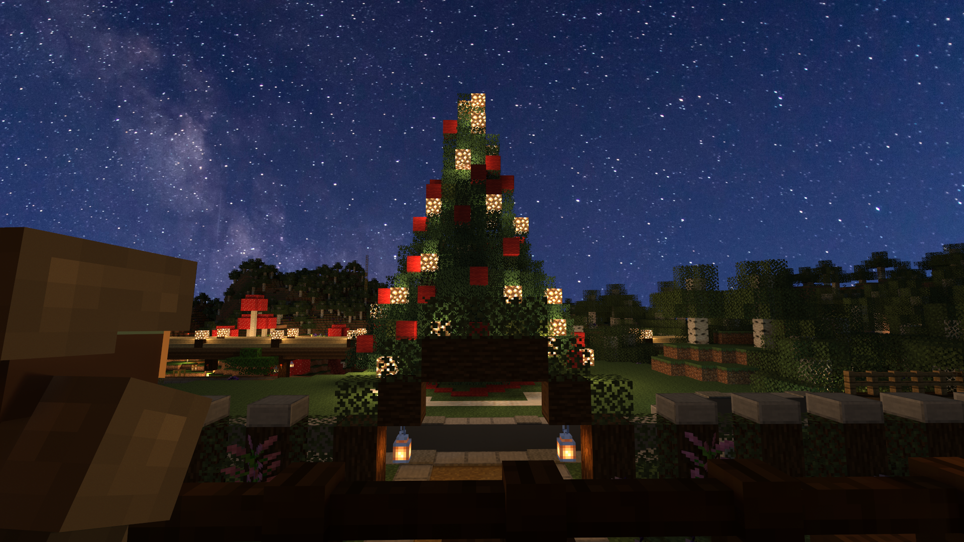 The Living Fred on her porch looking at her Christmas tree across Highway 18 on the Supercraft Minecraft Server